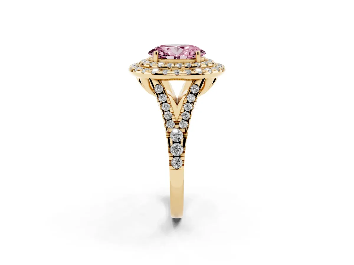 Fancy Pink Double Halo Oval Cut Diamond Pavé Split Shank Ring with Prong Setting Yellow gold