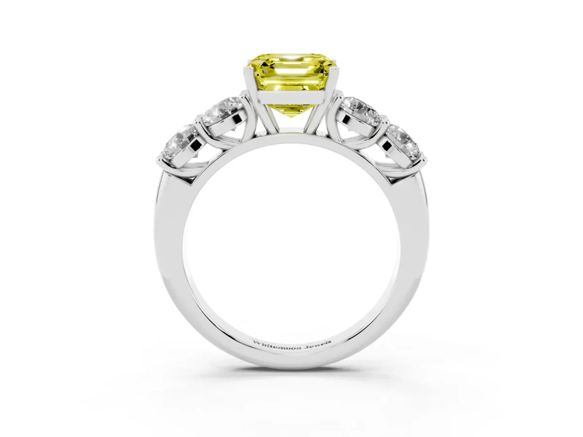 Fancy Yellow Asscher Cut Cut Five-Stone Prong Set Diamond Ring with Classic Band White gold