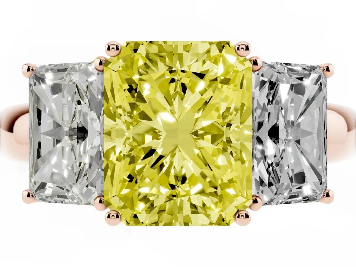 Fancy Yellow Radiant Cut Diamond Three-Stone Ring with Four-Prong Setting and Classic Band Rose gold