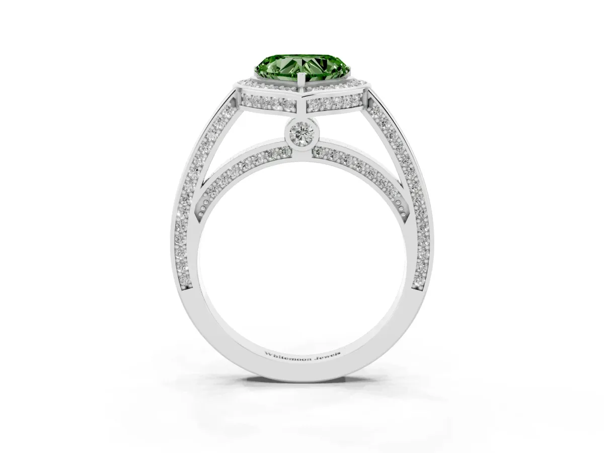 Fancy Green Heart Cut Cut Halo Pave Split Shank Prong Setting Ring Platinum