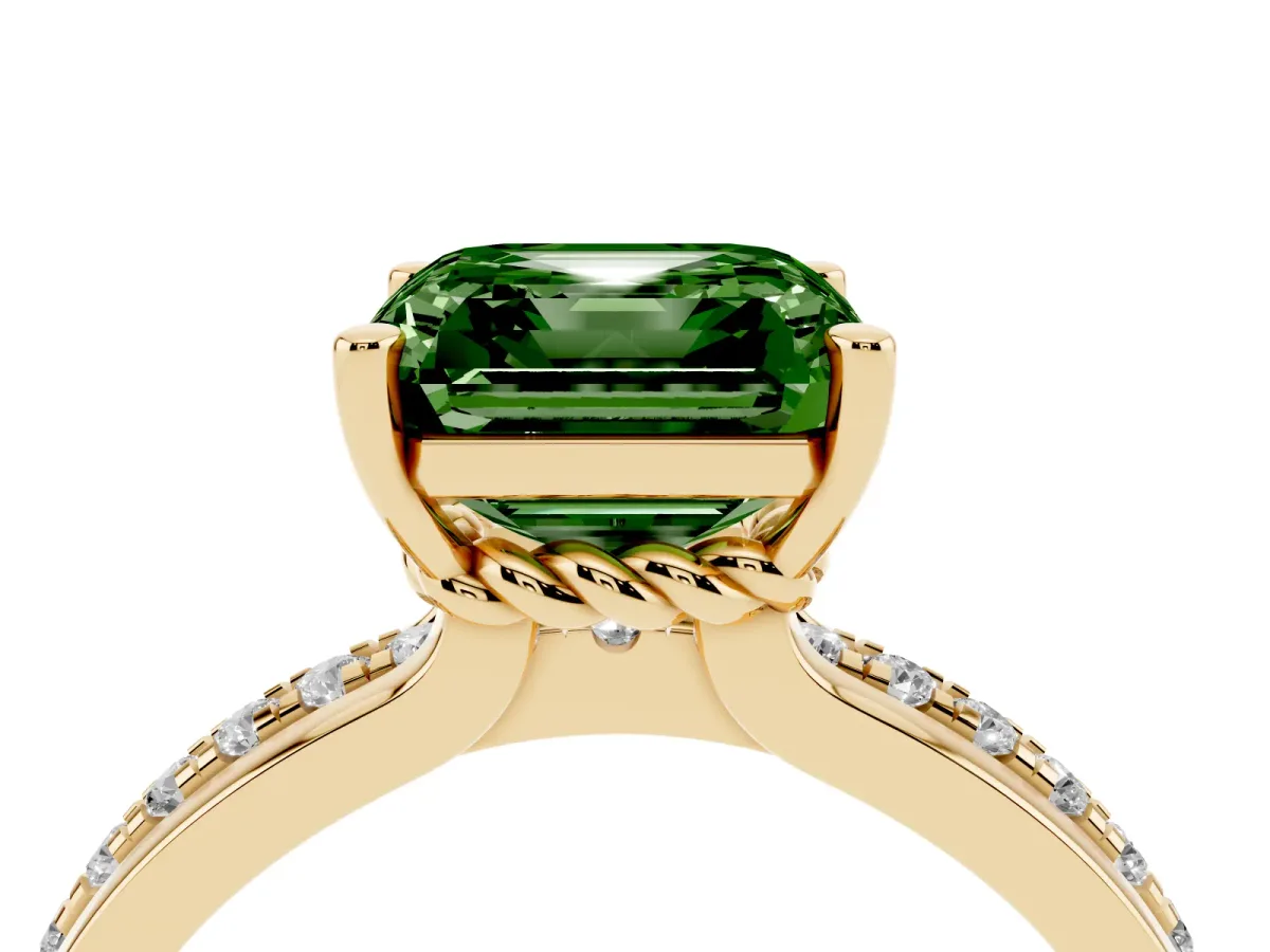 Fancy Green Asscher Cut Solitaire Diamond Ring with Channel Set Band and Six-Prong Setting Yellow gold