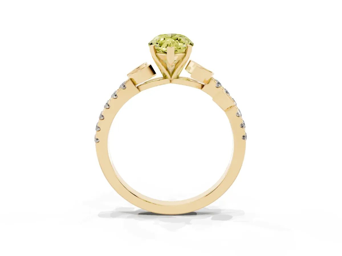 Fancy Yellow Marquise Cut Solitaire Leaf-Inspired Diamond Ring with Pavé Band and Four-Prong Setting Yellow gold