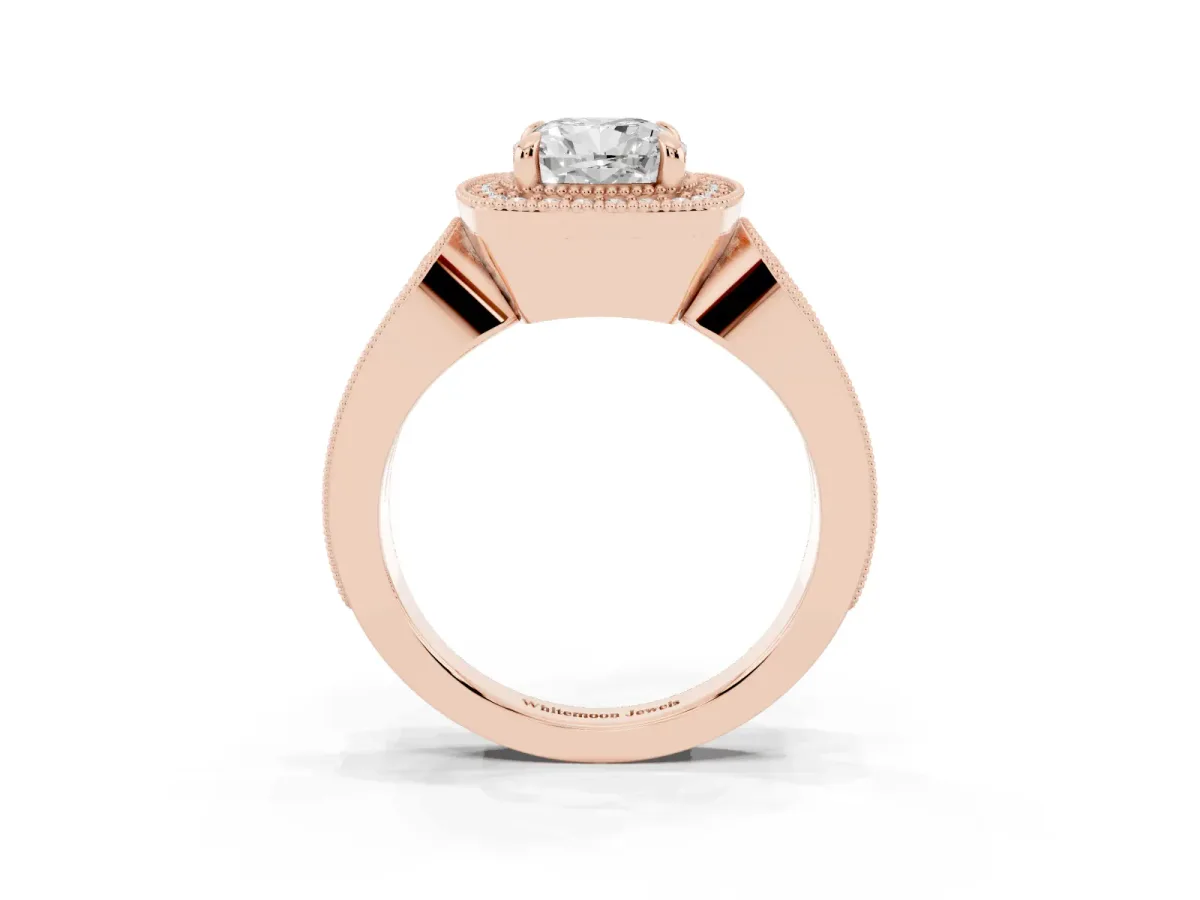 Cushion Cut Halo Split Shank Milgrain Diamond Ring Rose gold