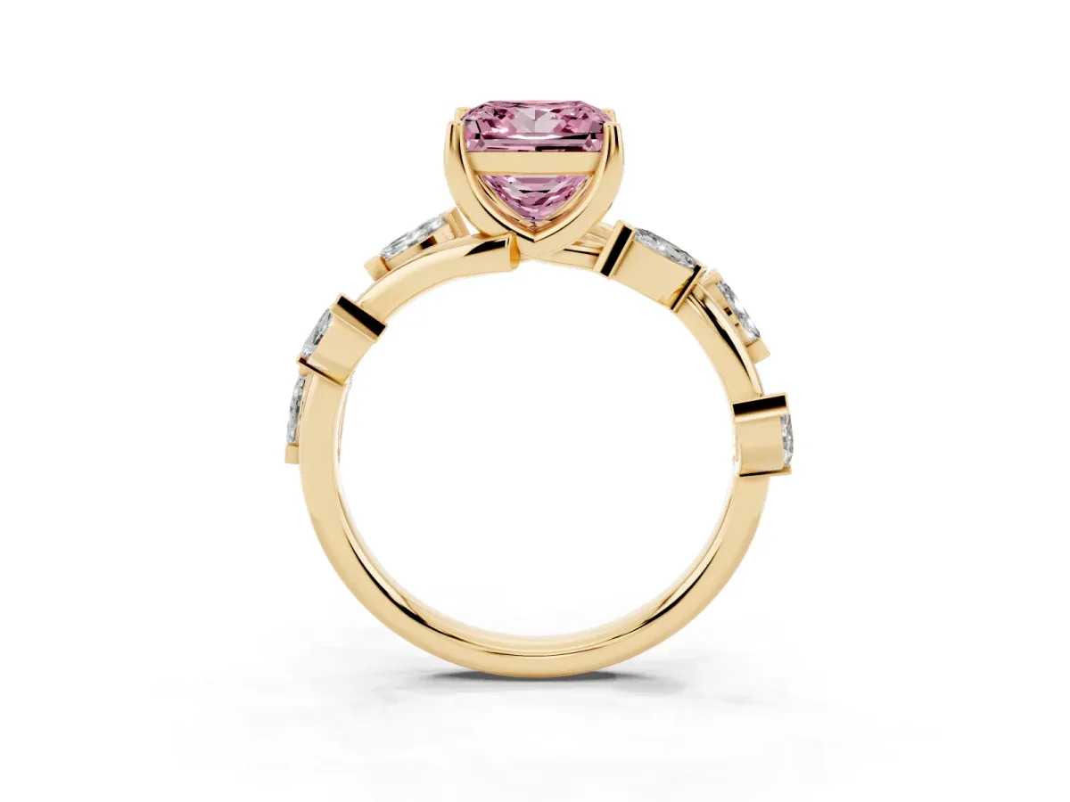 Fancy Pink Princess Cut Solitaire Twisted Band Marquise Accent Prong Setting Ring Yellow gold