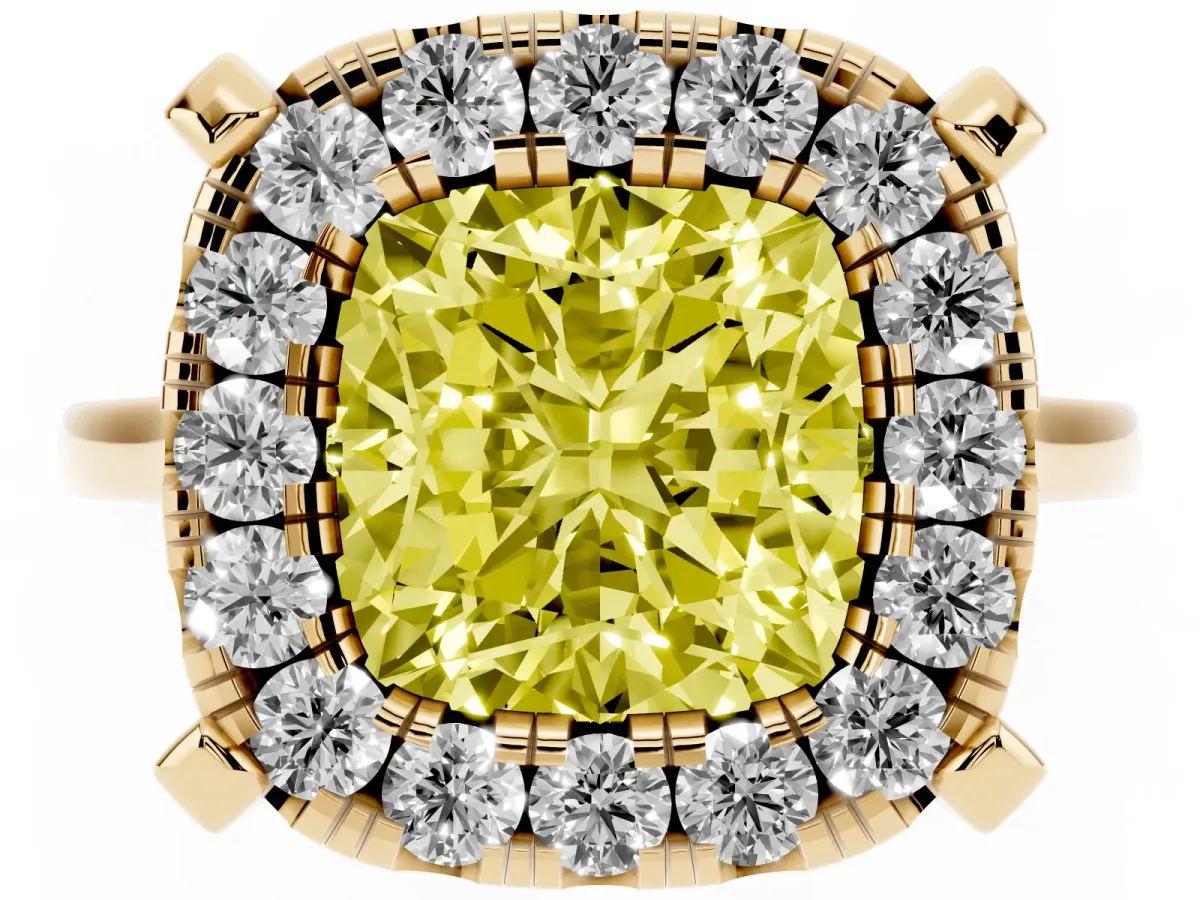 Fancy Yellow Cushion Cut Diamond Cluster Halo Solitaire with Four-Prong Setting Yellow gold