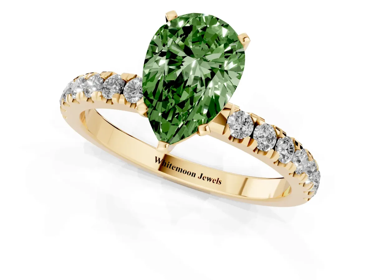 Fancy Green Pear Cut Diamond Solitaire Ring with Pavé Accents and Four-Prong Setting Yellow gold