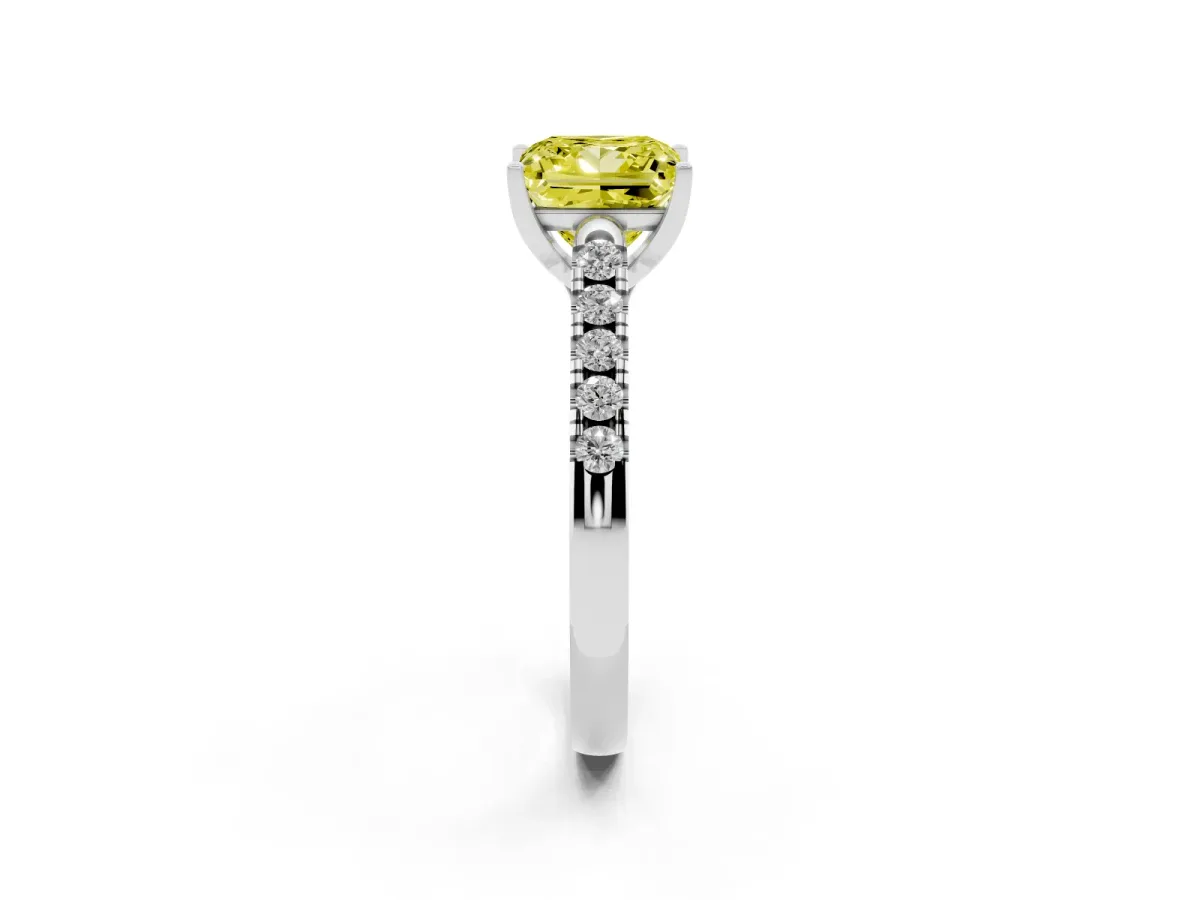 Fancy Yellow Princess Cut Diamond Pavé Band Solitaire Ring with Prong Setting Silver