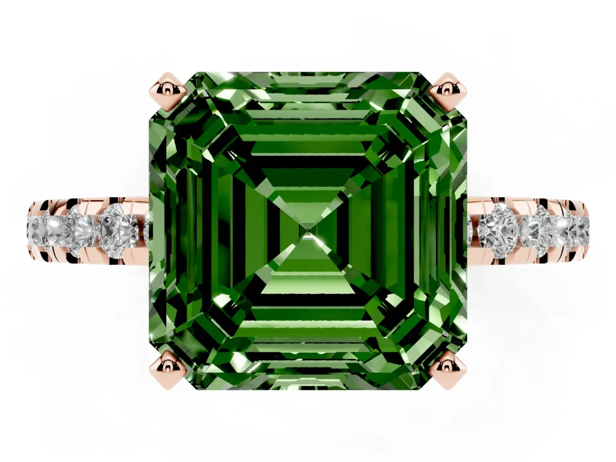 Fancy Green Asscher Cut Diamond Solitaire Ring with Round Pavé Band and Four-Prong Setting Rose gold