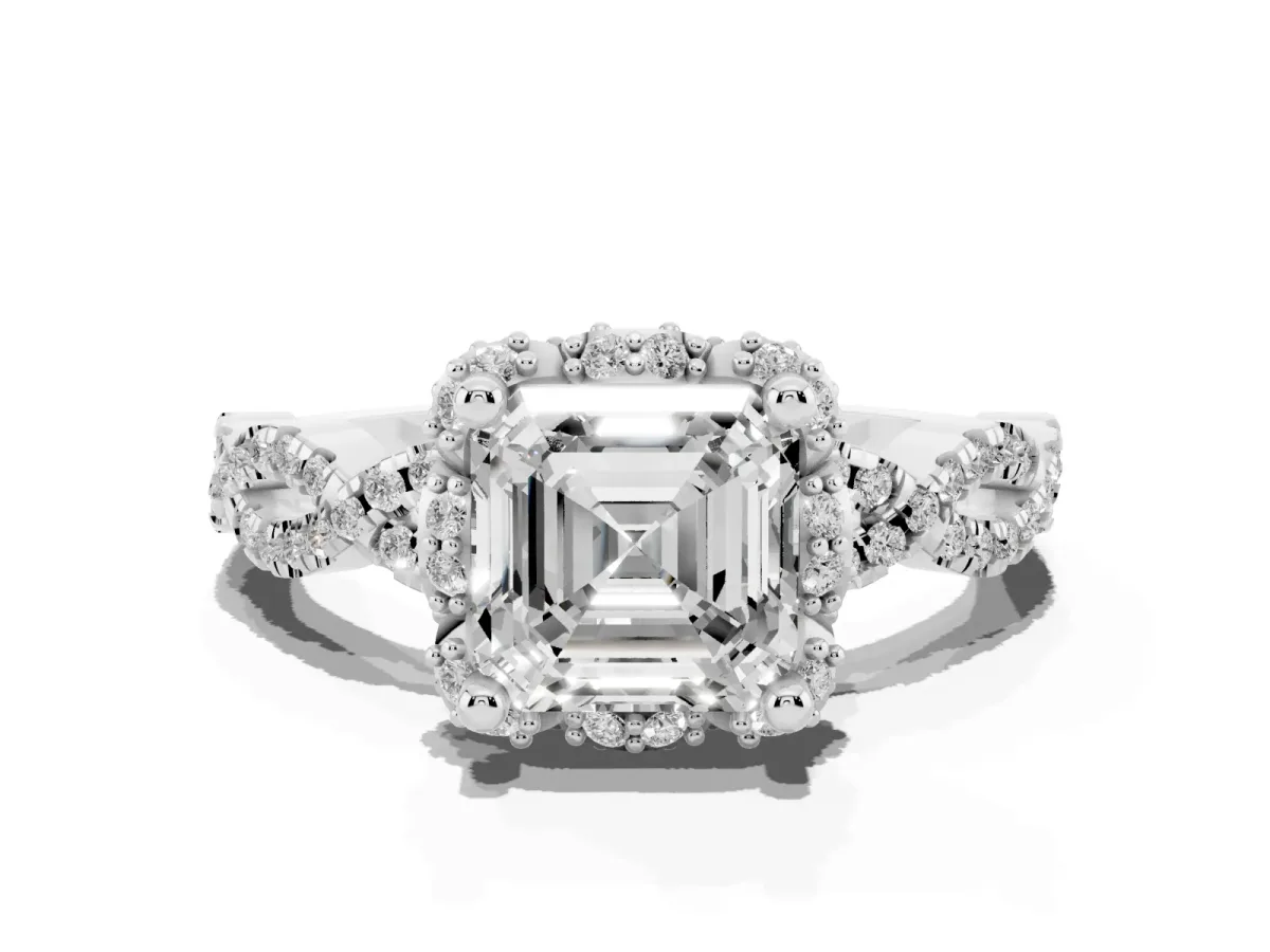 Asscher Cut Halo Twist Band Solitaire Ring with Six-Prong Setting Silver