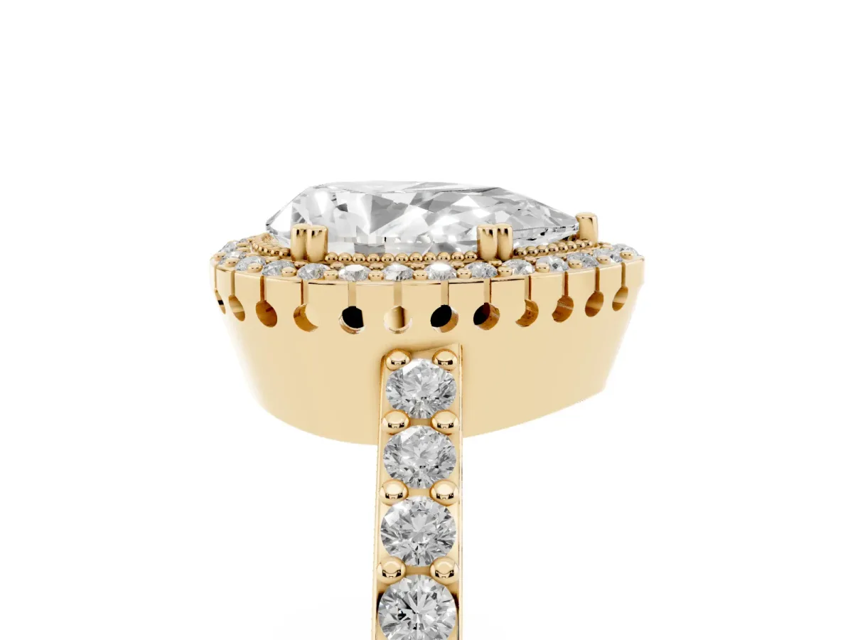 Pear Cut Cut Diamond Halo Engagement Ring with Milgrain Detail and Pavé Band Yellow gold
