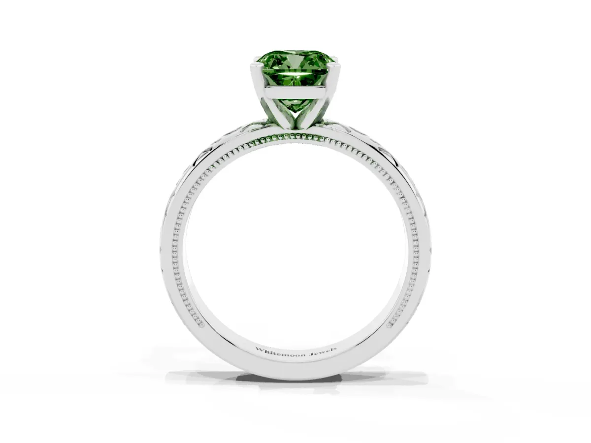 Fancy Green Cushion Cut Solitaire Engagement Ring with Scrollwork Band and Four-Prong Setting Platinum