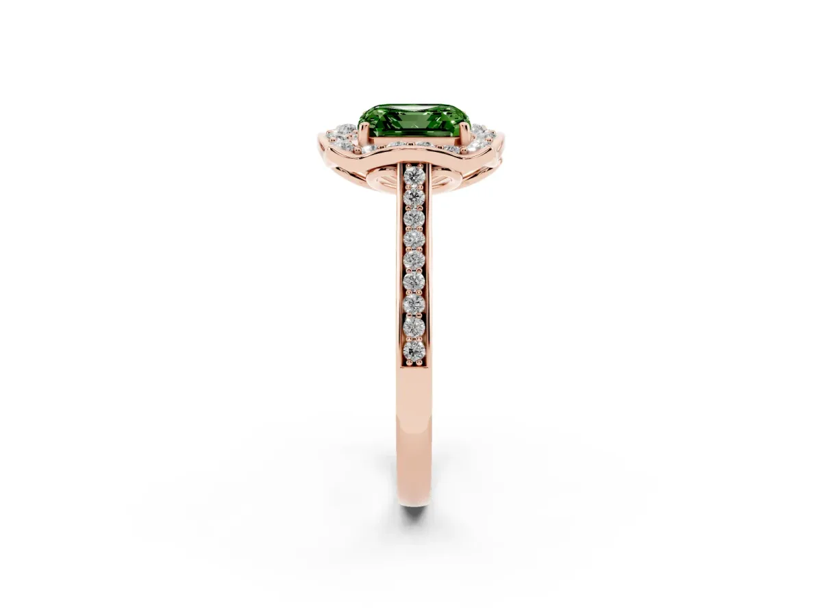 Fancy Green Asscher Cut Halo Round Diamond Pave Band with Four-Prong Setting Rose gold