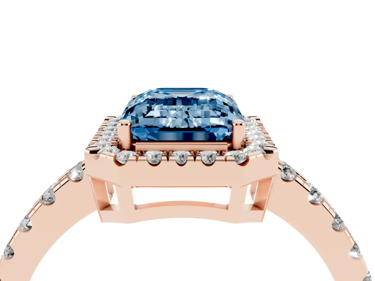 Fancy Blue Emerald Cut Diamond Halo Ring with Pavé Band and Four-Prong Setting Rose gold