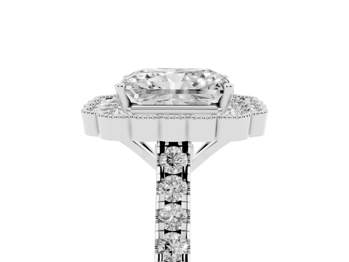 Radiant Cut Cut Diamond Milgrain Floral Halo Engagement Ring with Pavé Band Silver