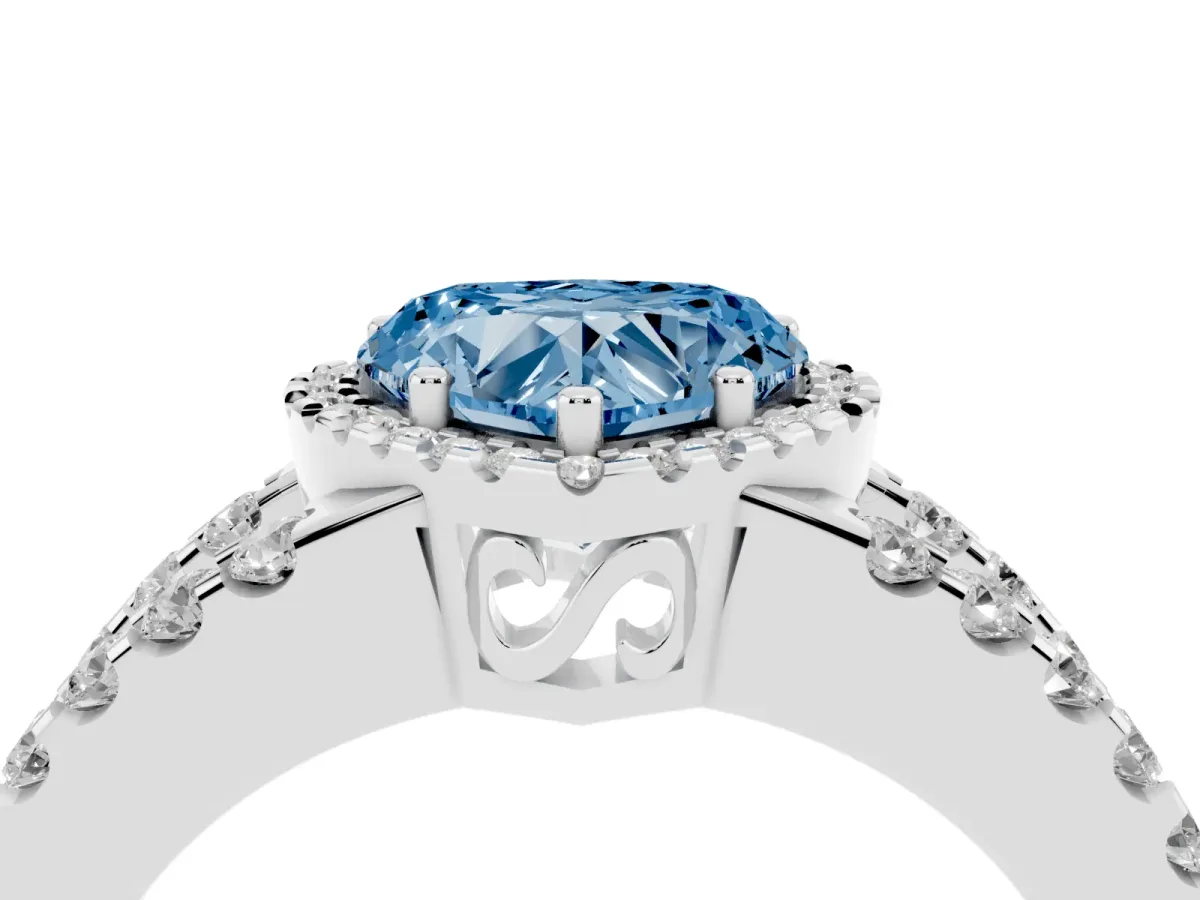Fancy Blue Heart Cut Cut Halo Split Shank Diamond Ring with Four-Prong Setting Platinum