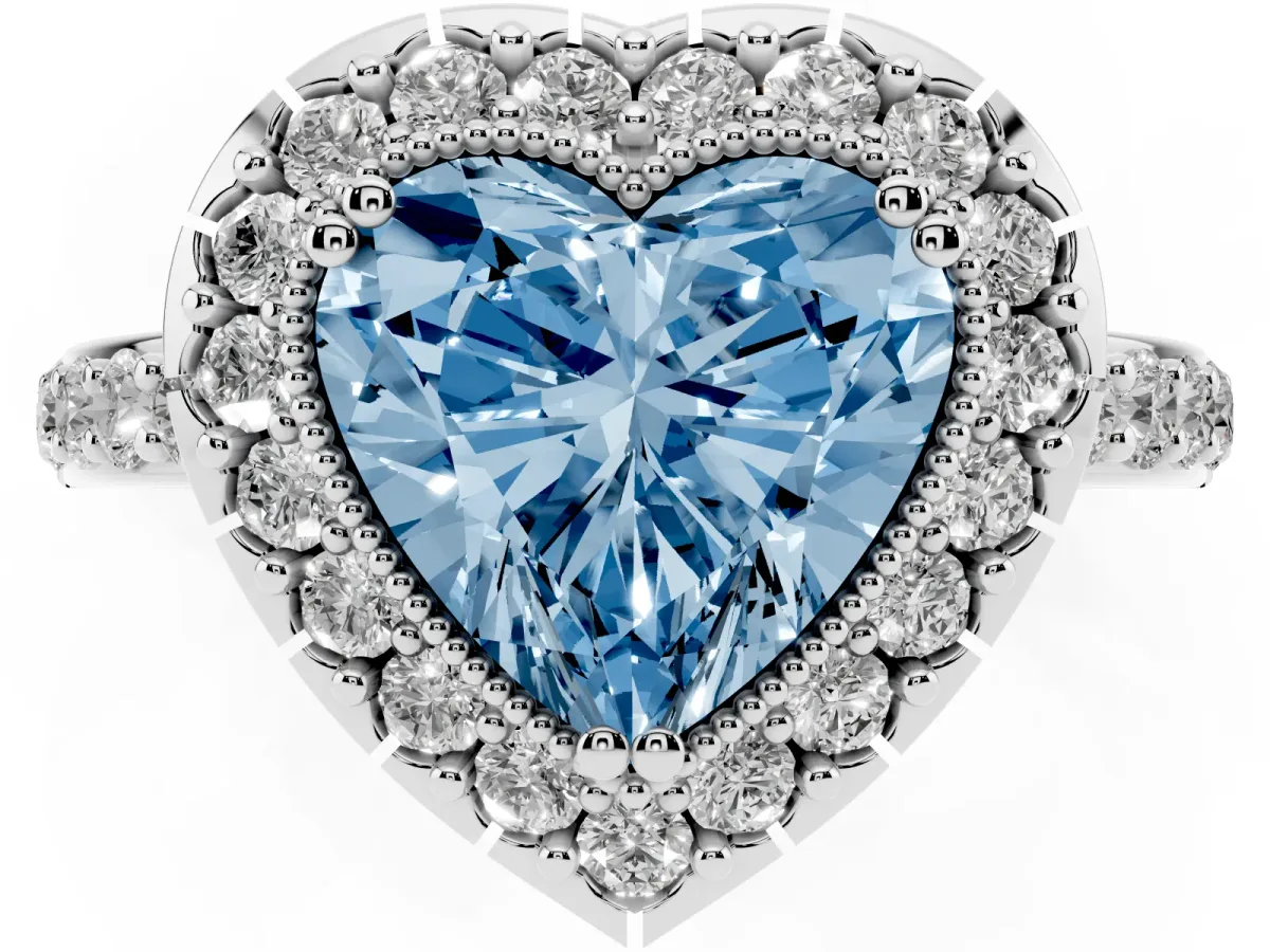 Fancy Blue Heart Cut Diamond Halo Ring with Pavé Band and Prong Setting White gold