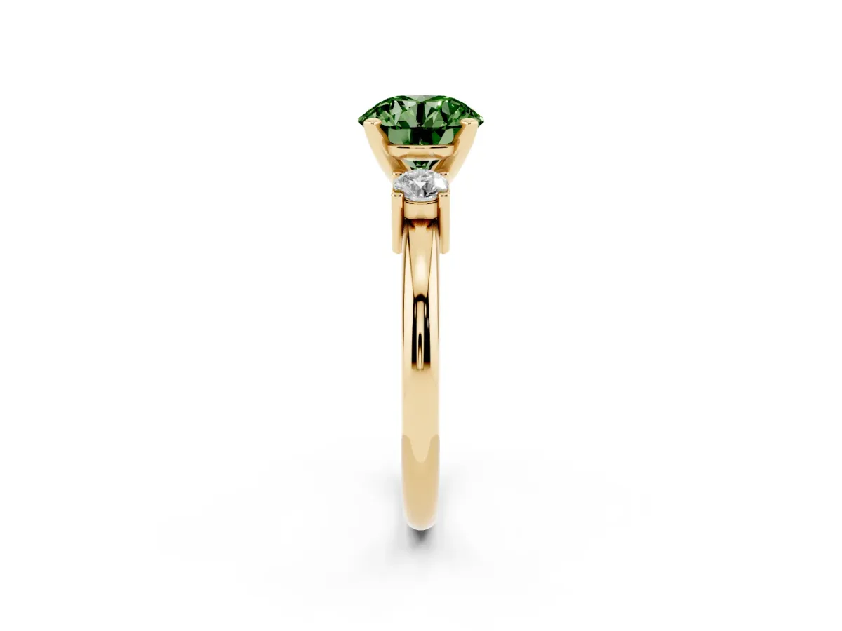 Fancy Green Three-Stone Round Cut Cut Diamond Solitaire with Prong Setting and Classic Band Yellow gold