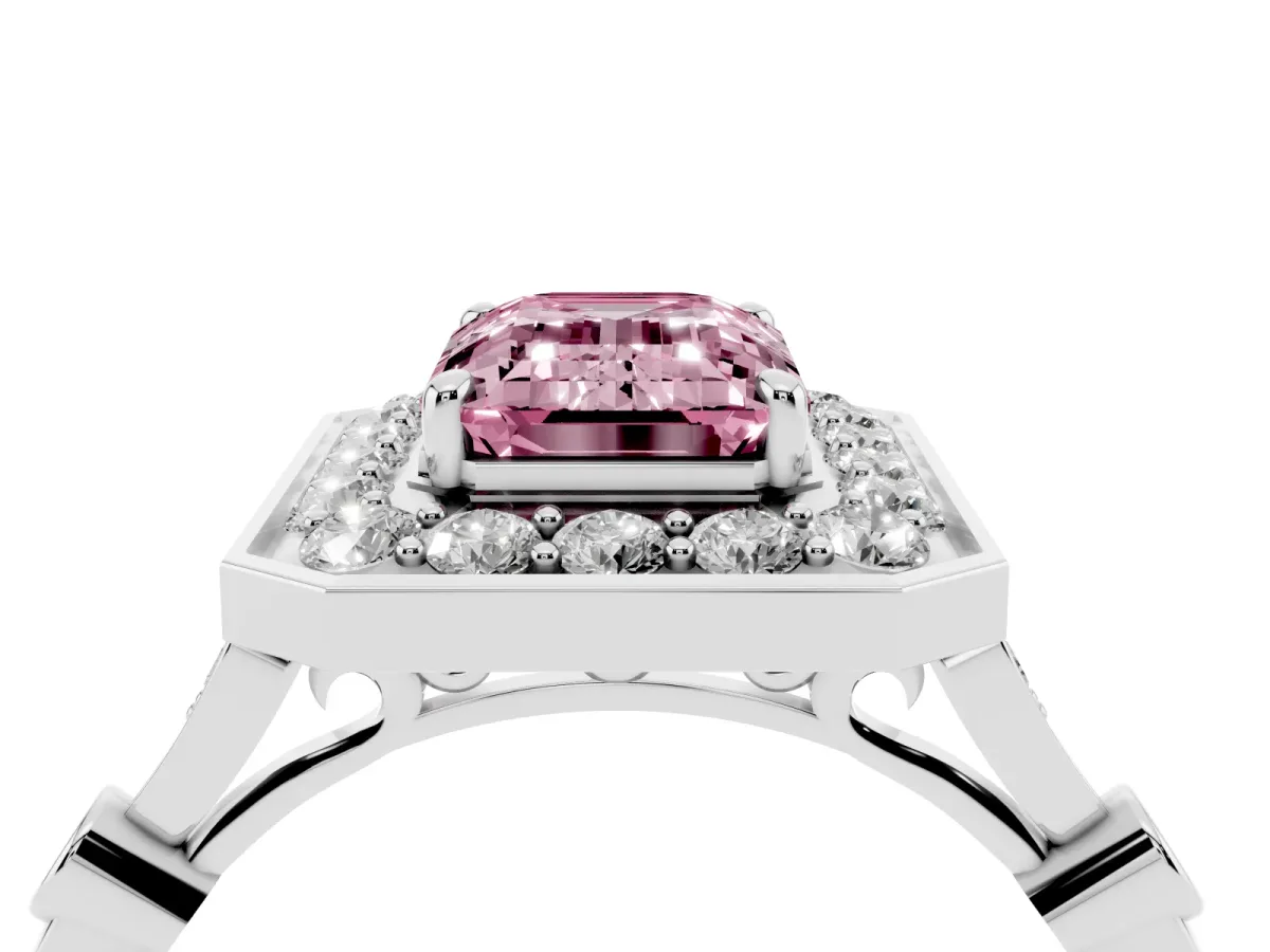 Fancy Pink Emerald Cut Halo Diamond Engagement Ring with Twisted Band and Four-Prong Setting Platinum