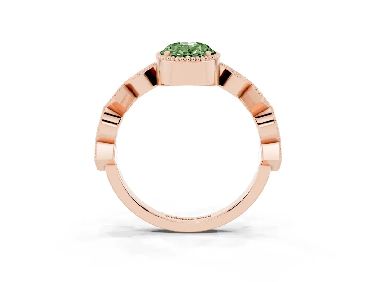 Fancy Green Oval Cut Milgrain Marquise Diamond Twist Band Ring Rose gold