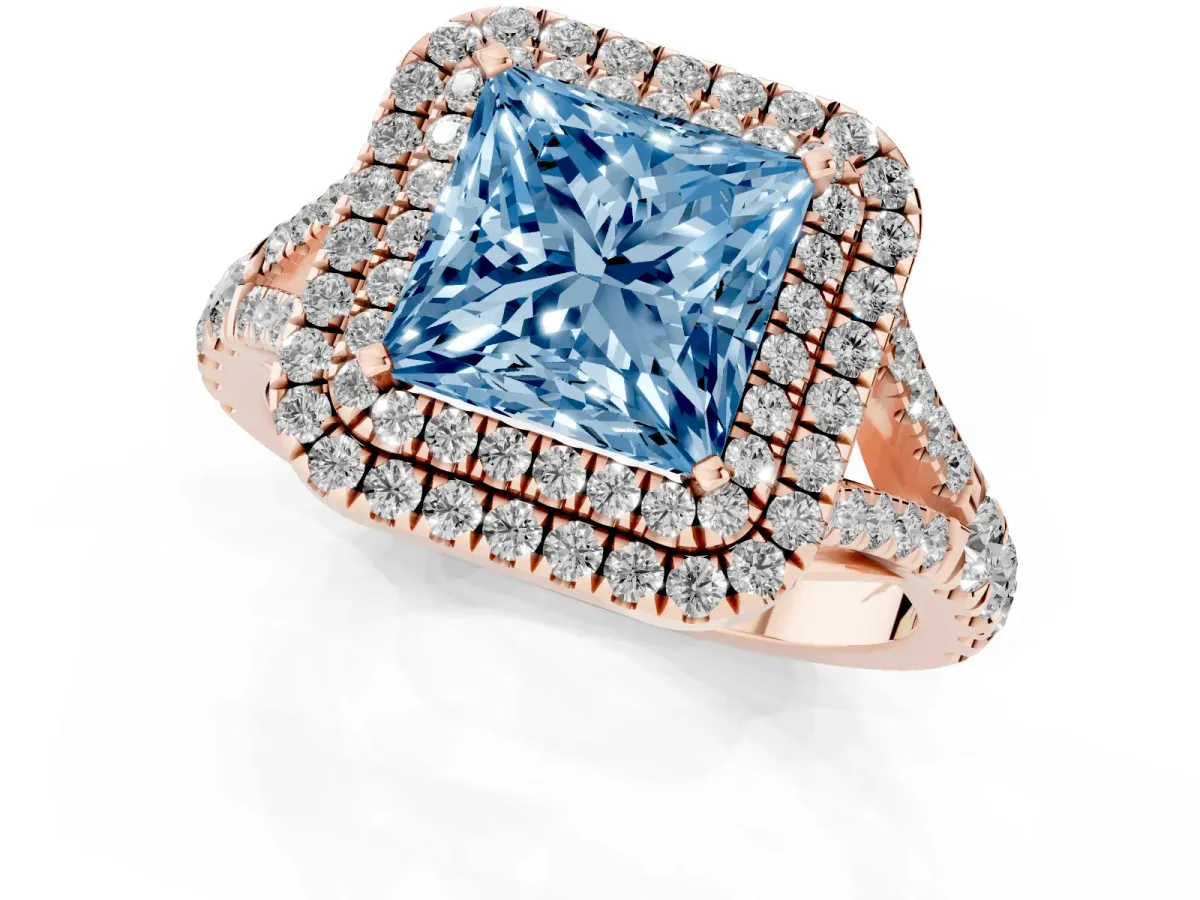 Fancy Blue Princess Cut Cut Double Halo Split Shank Diamond Ring with Prong Setting Rose gold