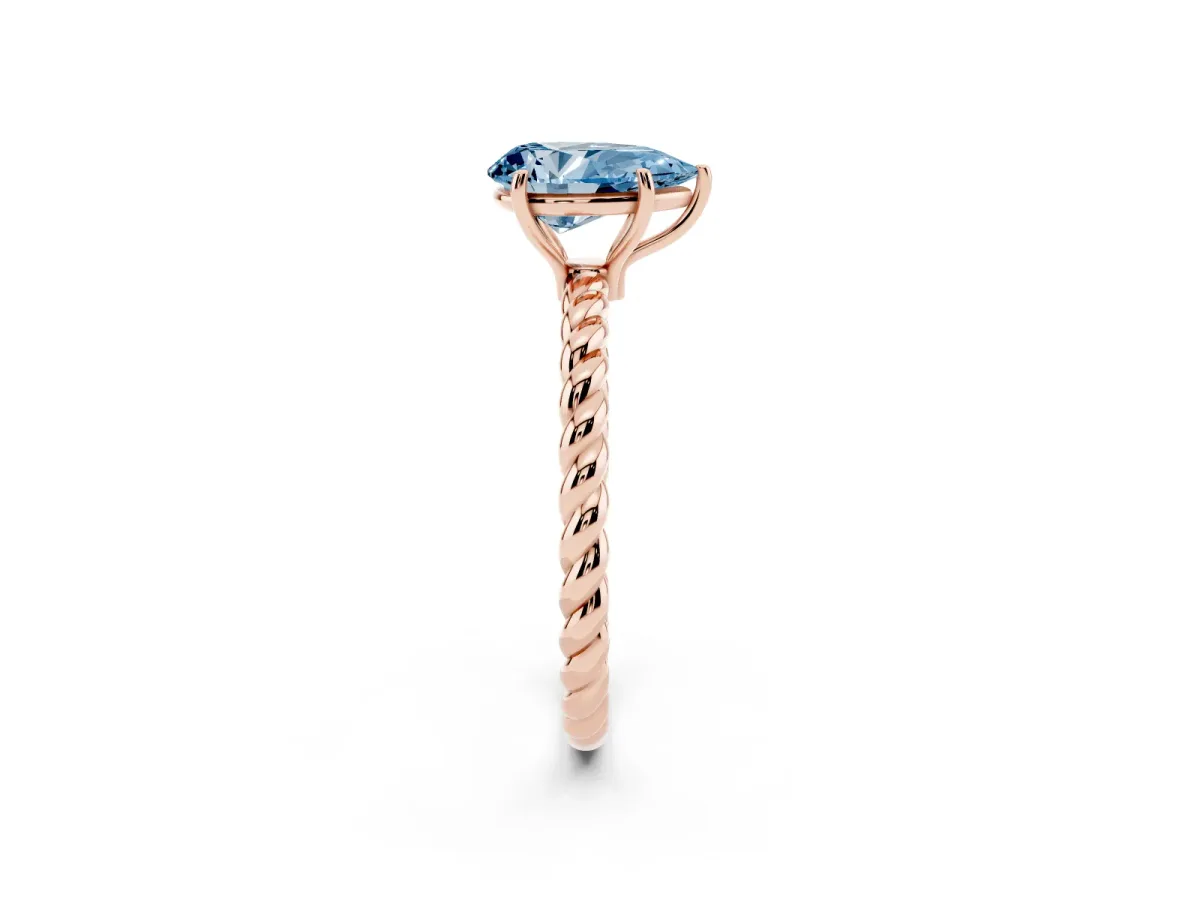 Fancy Blue Pear Cut Solitaire Twist Band Ring with Four-Prong Setting Rose gold
