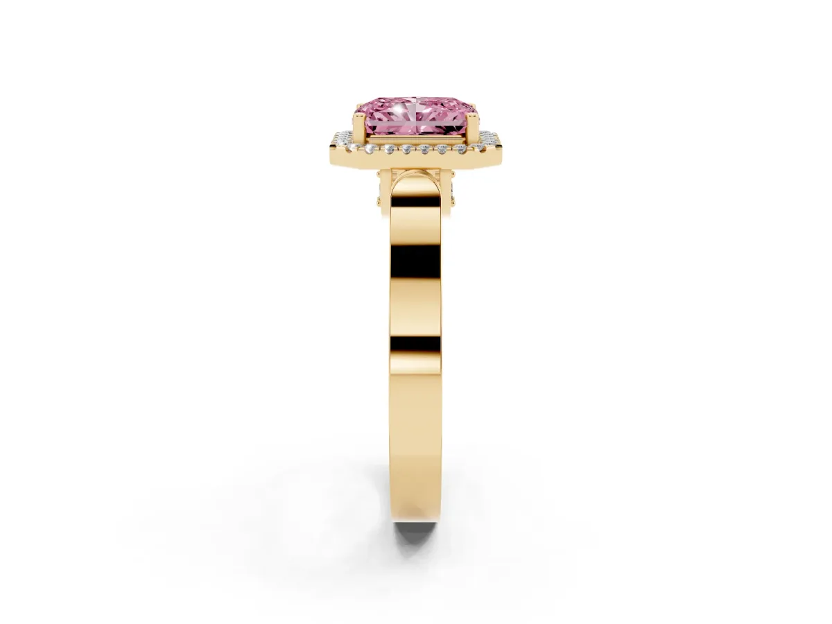 Fancy Pink Radiant Cut Halo Round Diamond Twist Band with Four-Prong Setting Yellow gold