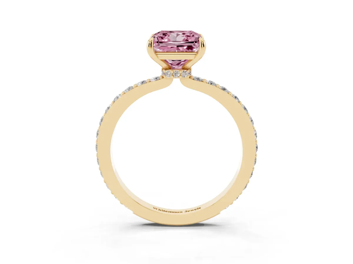 Fancy Pink Princess Cut Diamond Pavé Engagement Ring with Round Accents and Prong Setting Yellow gold