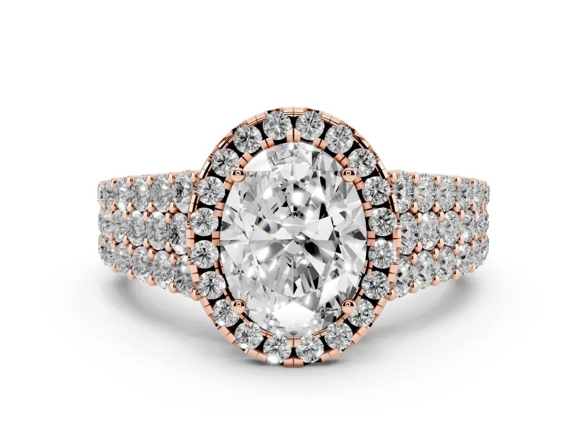 Oval Cut Diamond Halo Engagement Ring with Triple Row Round Pavé Band and Prong Setting Rose gold