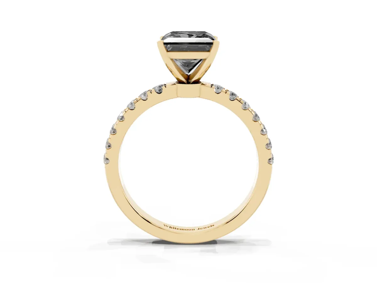 Fancy Black Princess Cut Diamond Solitaire Ring with Pavé Accents and Four-Prong Setting Yellow gold
