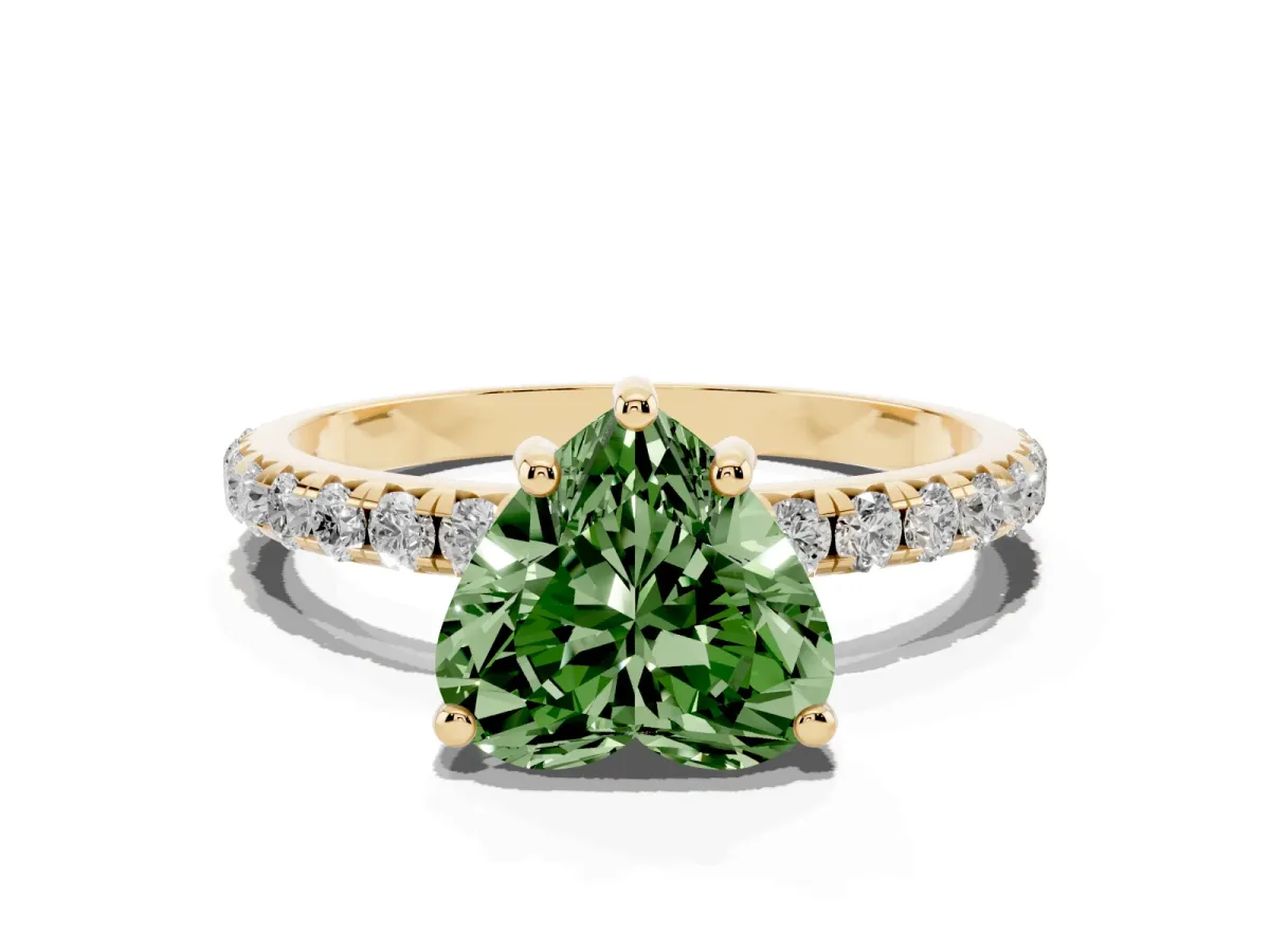 Fancy Green Heart Cut Cut Diamond Solitaire Ring with Micro Pave Band and Four Prong Setting Yellow gold