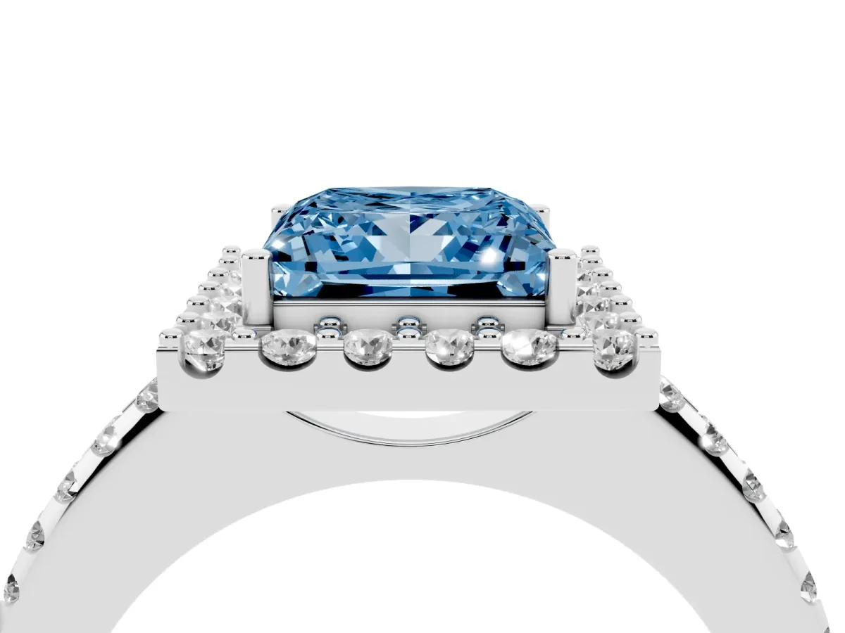 Fancy Blue Princess Cut Diamond Pavé Halo Ring with Four-Prong Setting Silver