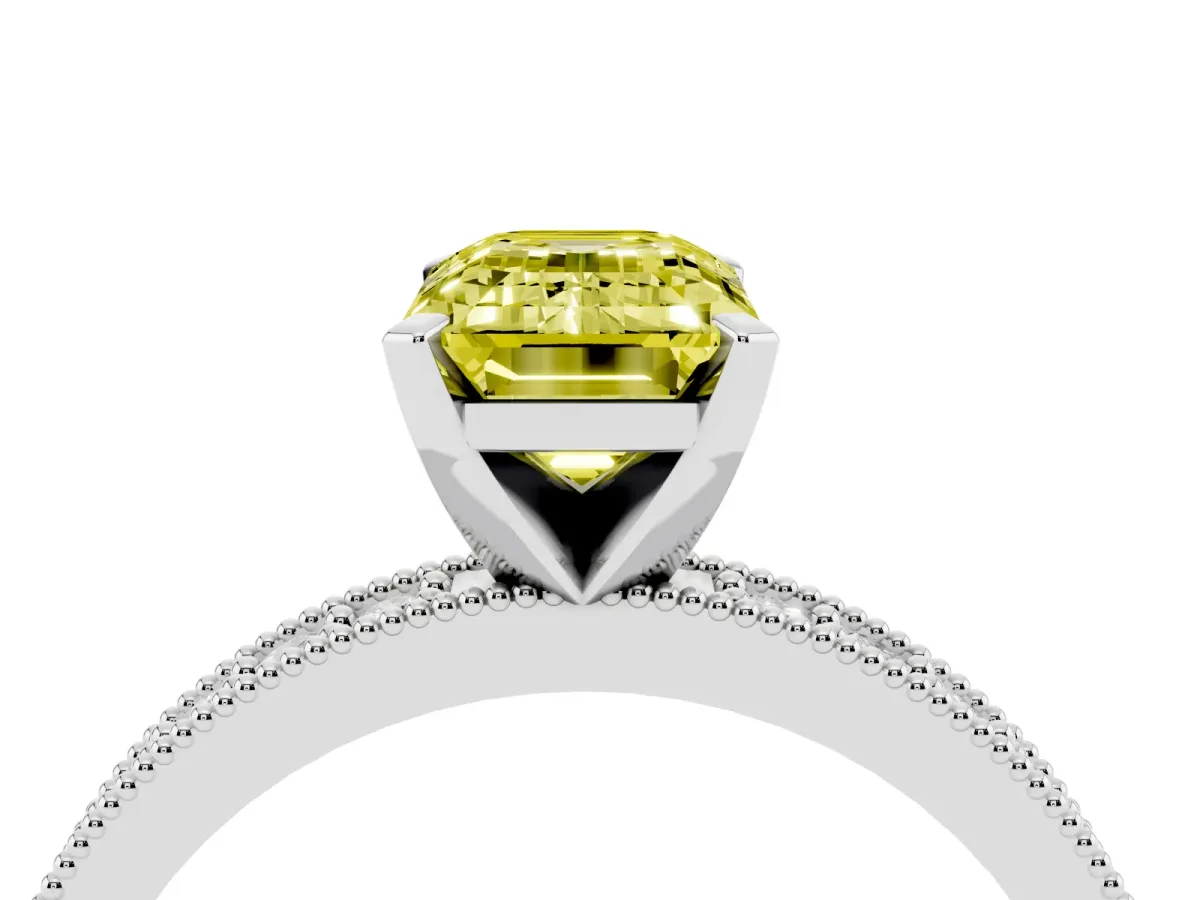 Fancy Yellow Emerald Cut Diamond Milgrain Pavé Engagement Ring with Four-Prong Setting Silver