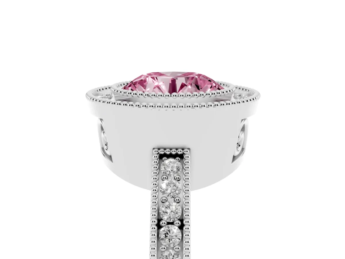 Fancy Pink Round Cut Cut Halo Diamond Ring with Pavé Band and Milgrain Prong Setting Platinum