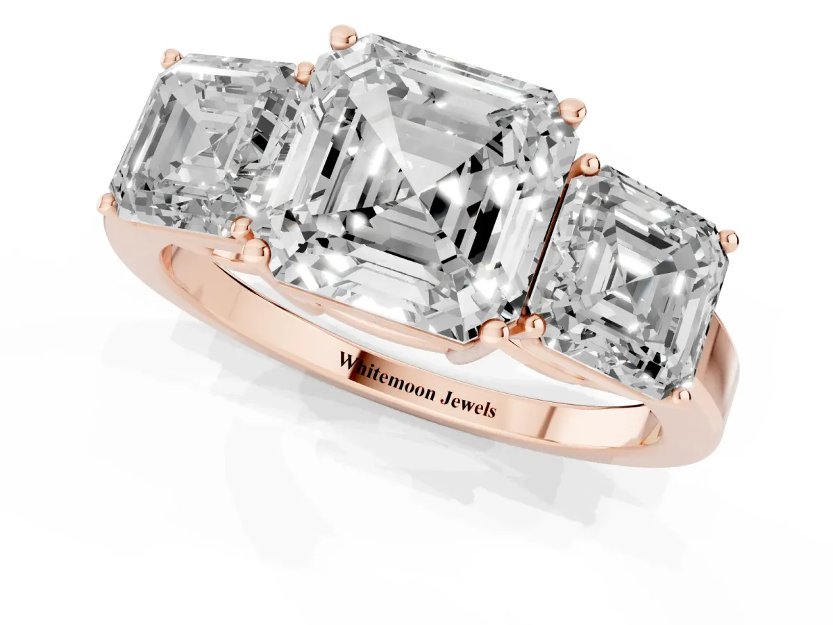 Three-Stone Asscher Cut Cut Diamond Engagement Ring with Flat Band and Four-Prong Setting Rose gold