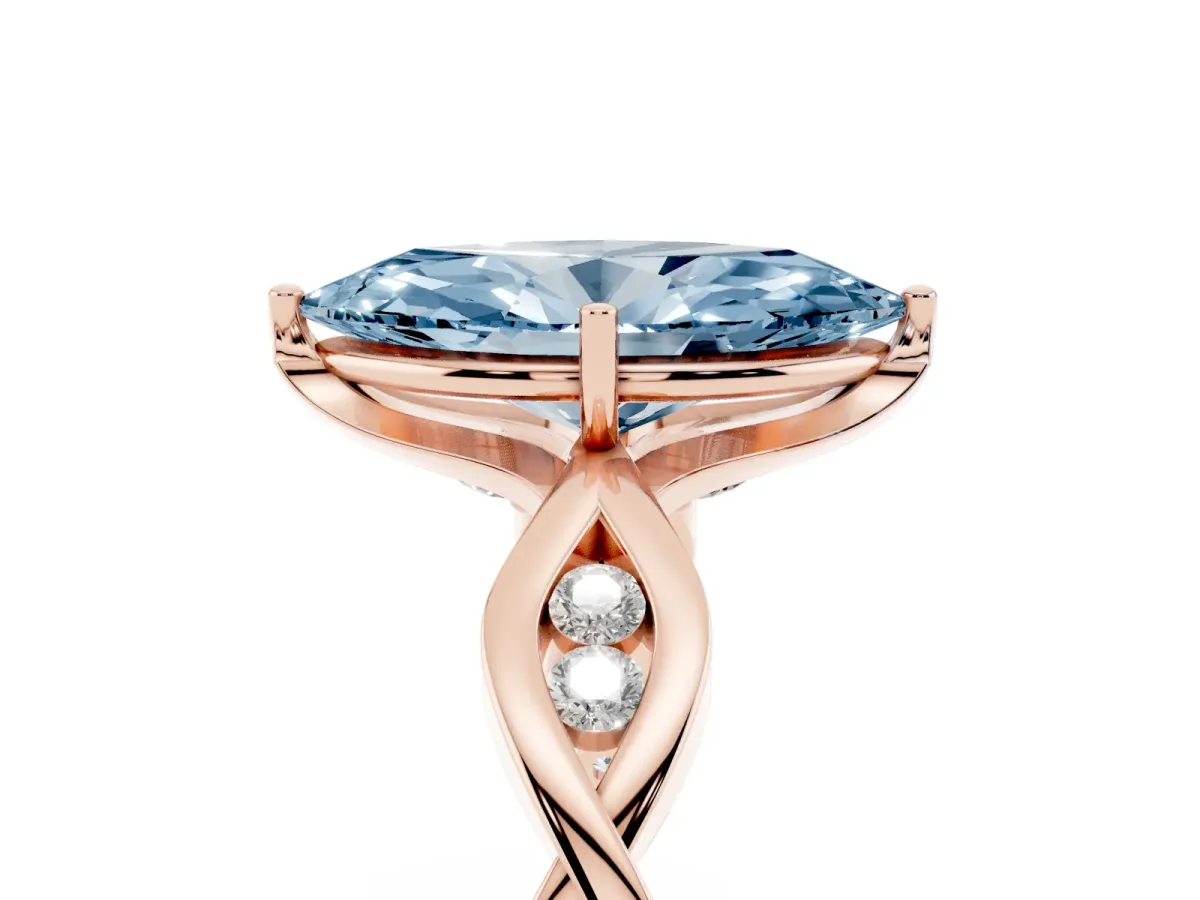 Fancy Blue Marquise Cut Solitaire Twist Band with Leaf Prong Setting Rose gold