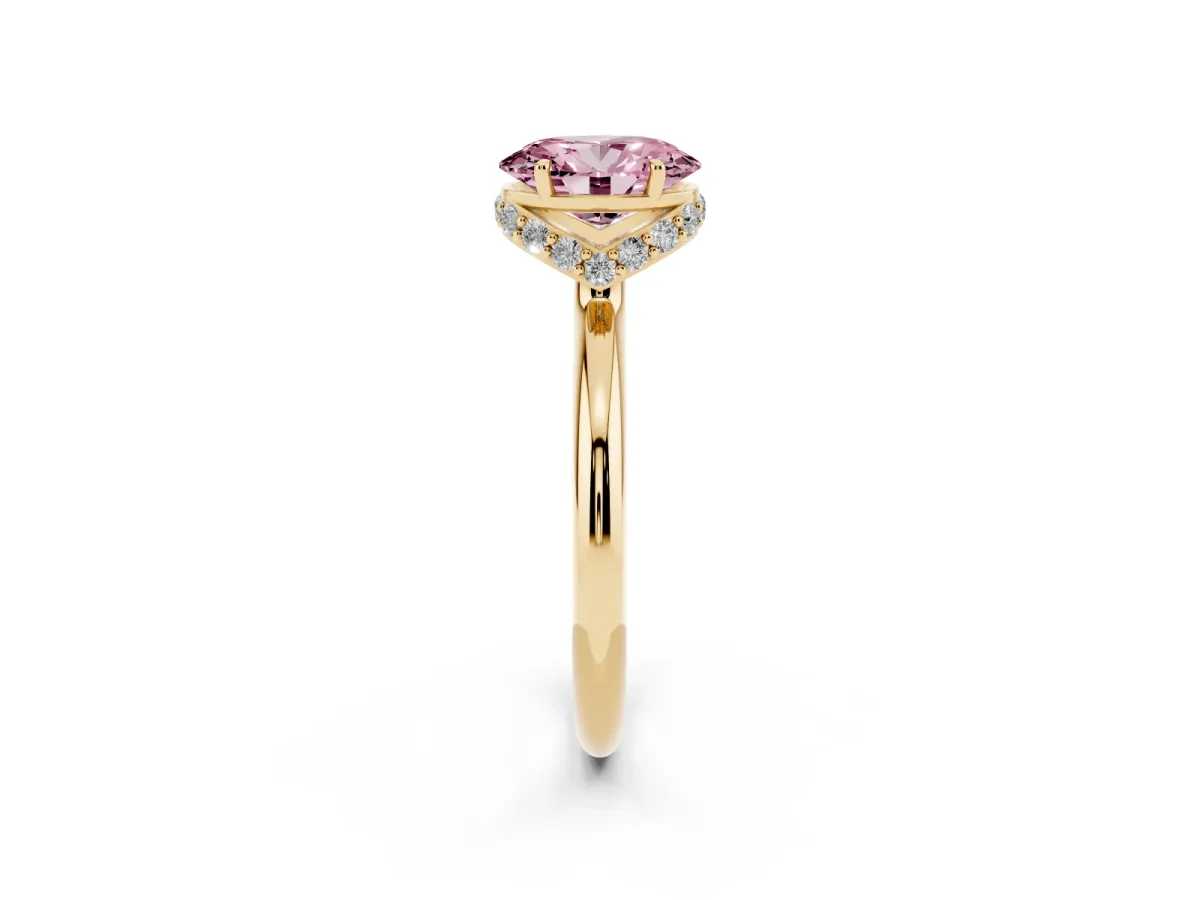 Fancy Pink Oval Cut Brilliant Solitaire Engagement Ring with Six-Prong Setting and Classic Band Yellow gold