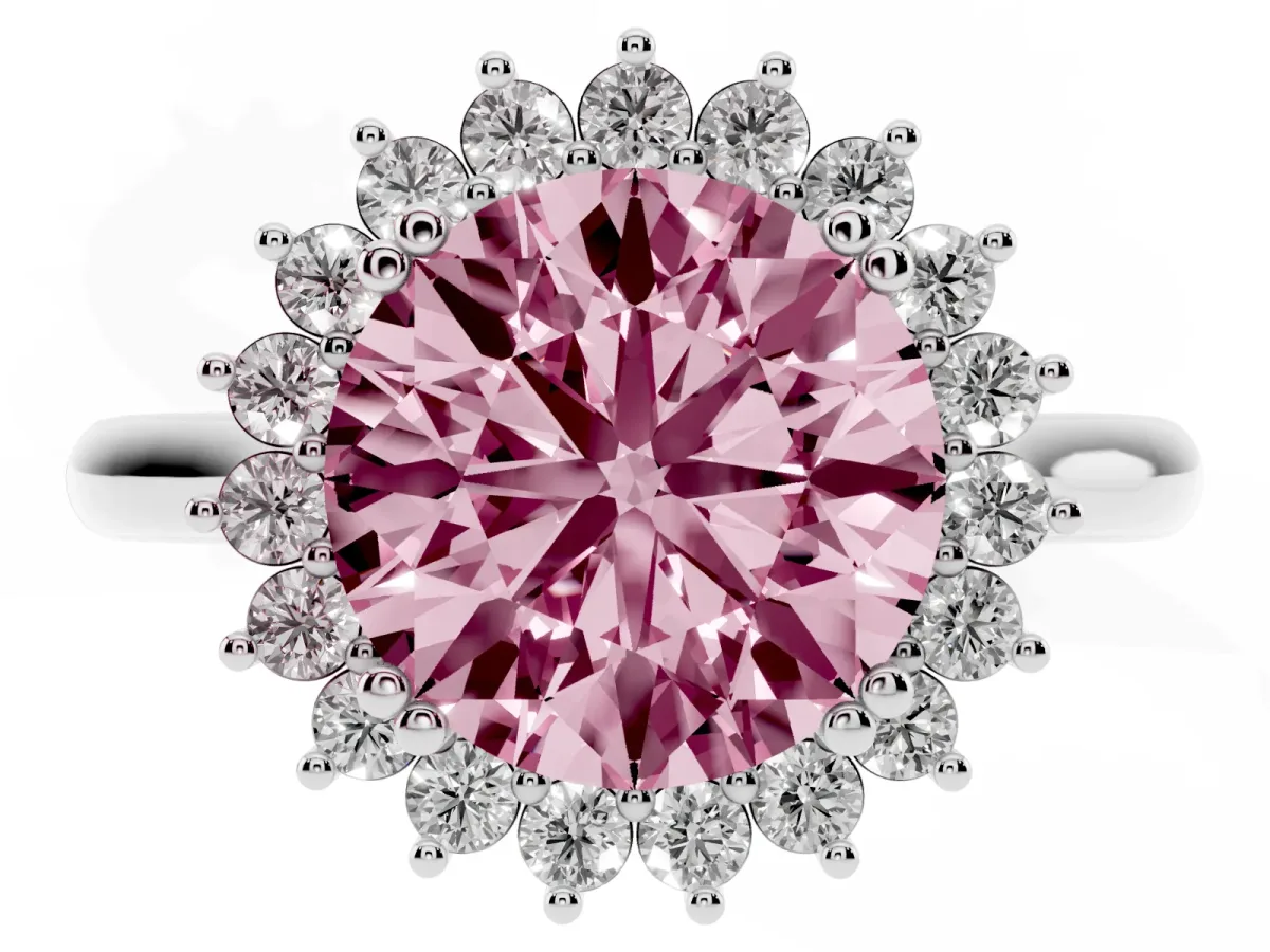 Fancy Pink Round Cut Cut Diamond Halo Ring with Solitaire Band and Prong Setting Platinum