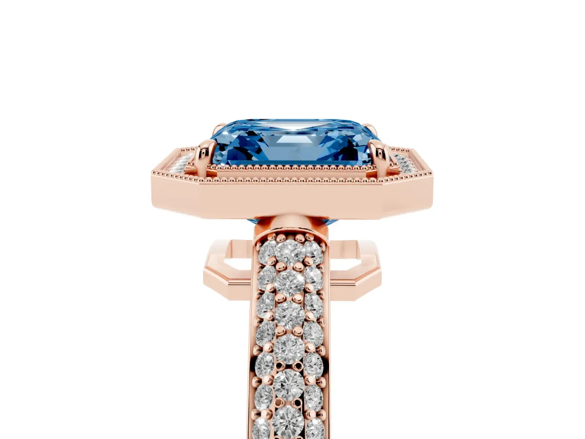 Fancy Blue Asscher Cut Cut Halo Diamond Pave Band with Four-Prong Setting Rose gold