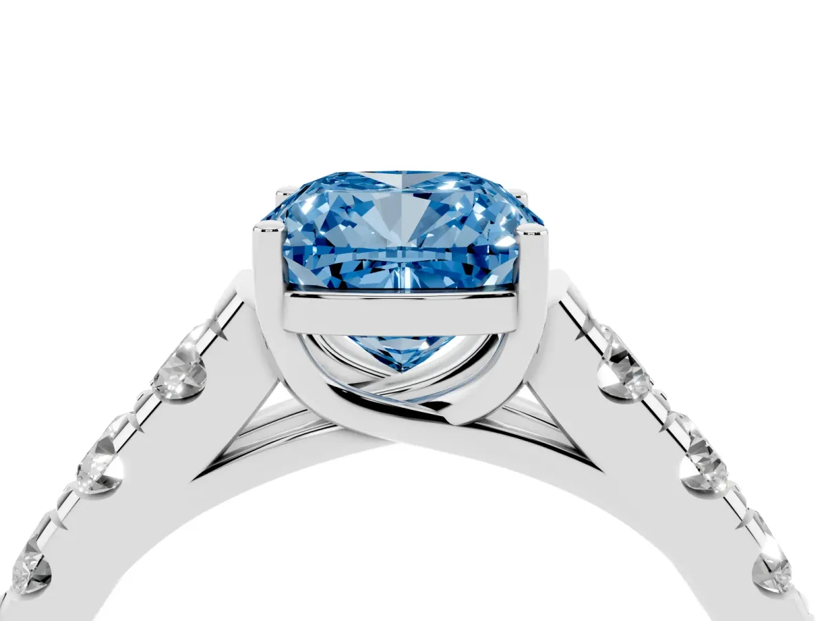 Fancy Blue Cushion Cut Cut Diamond Solitaire Ring with Micro Pave Band and Prong Setting Platinum