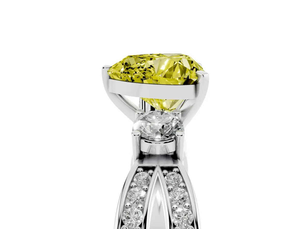 Fancy Yellow Three-Stone Heart Cut Cut Diamond Twist Band with Prong Setting Platinum