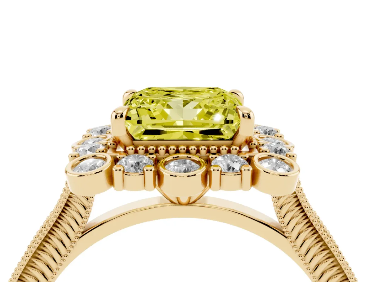 Fancy Yellow Princess Cut Halo Milgrain Pave Diamond Ring with Four-Prong Setting Yellow gold