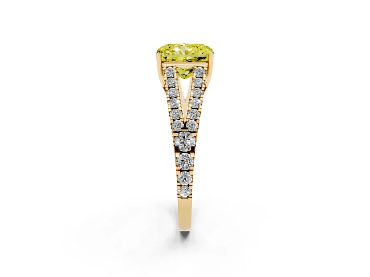 Fancy Yellow Radiant Cut Diamond Split Shank Engagement Ring with Round Pavé and Prong Setting Yellow gold