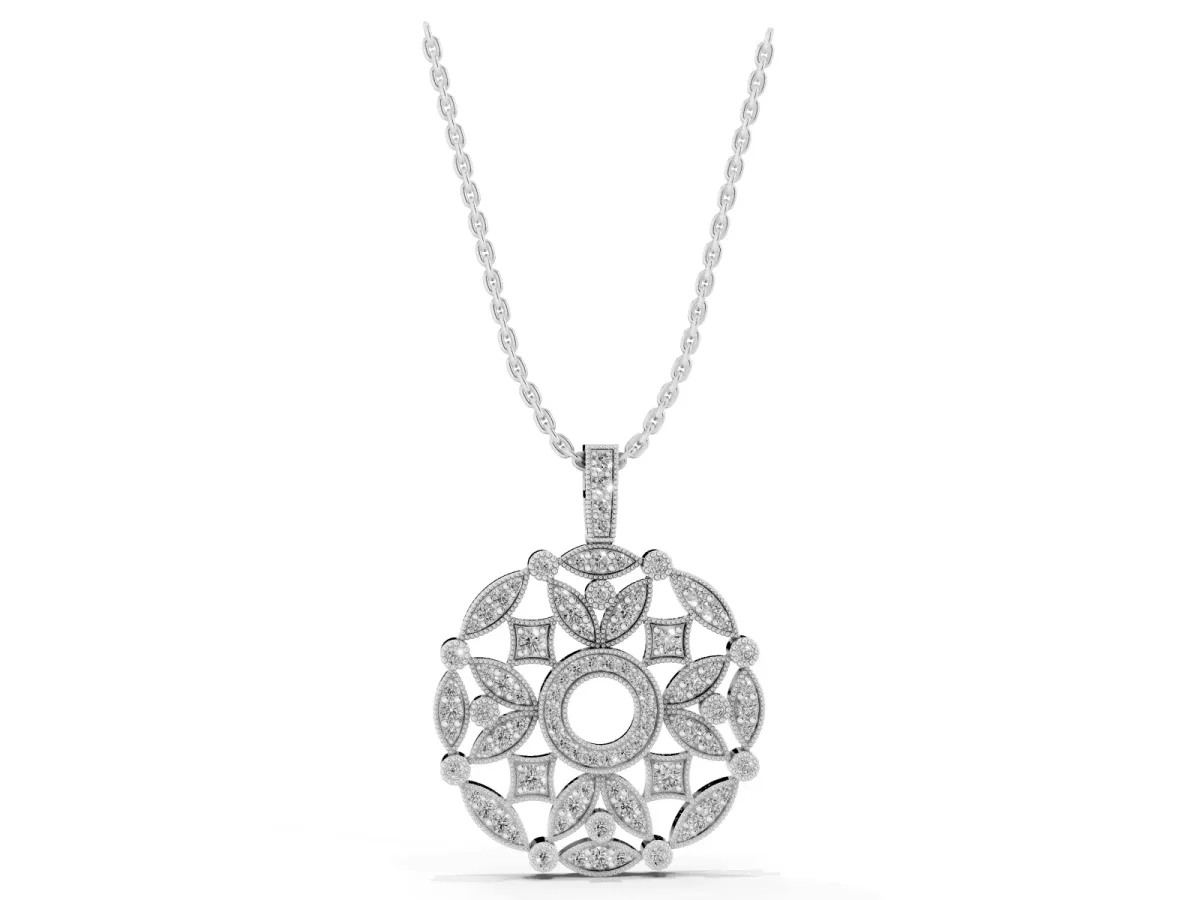 Round Diamond Pavé Filigree Pendant Silver