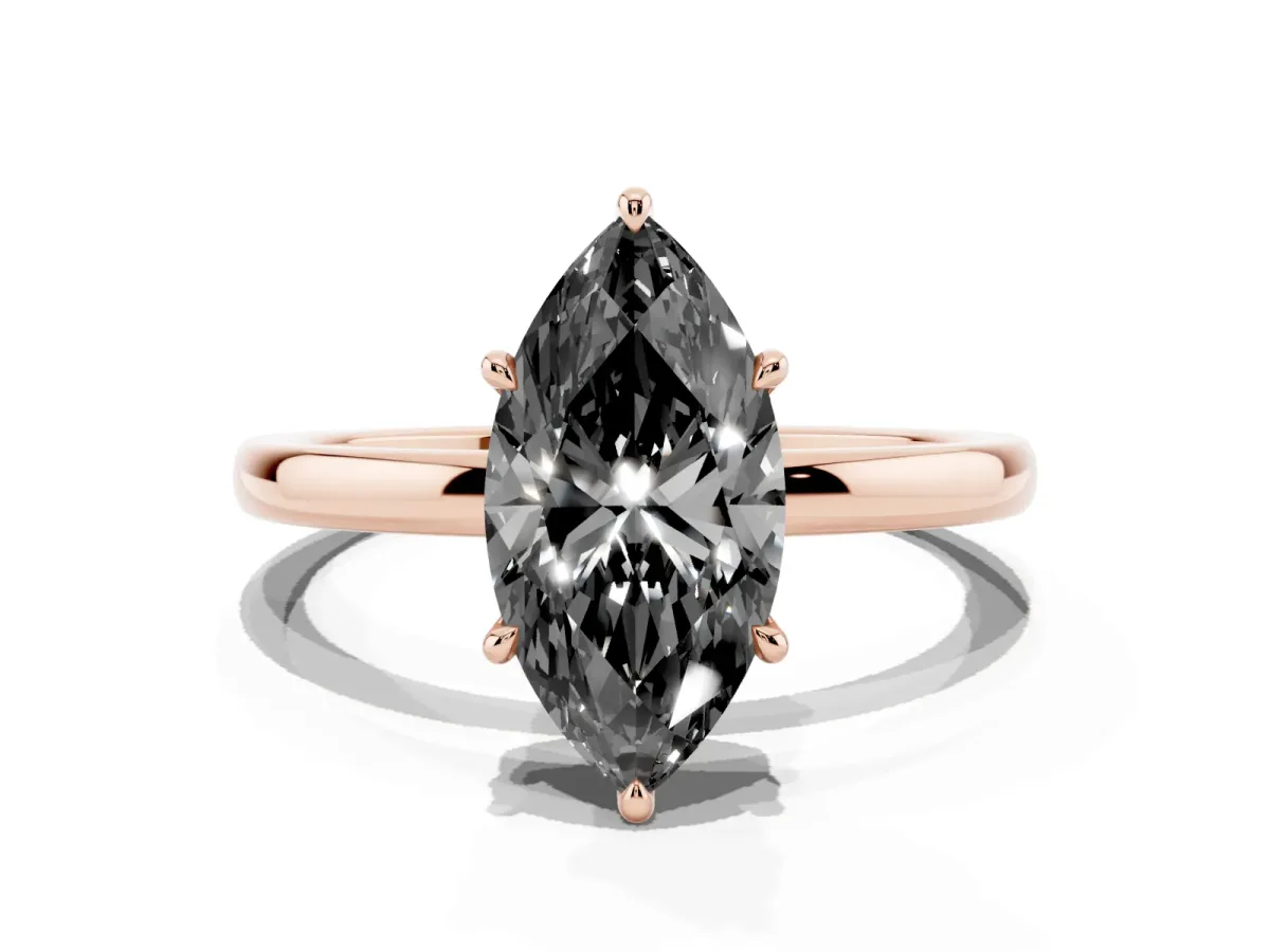 Fancy Black Marquise Cut Solitaire Engagement Ring with Cathedral Band and Four-Prong Setting Rose gold