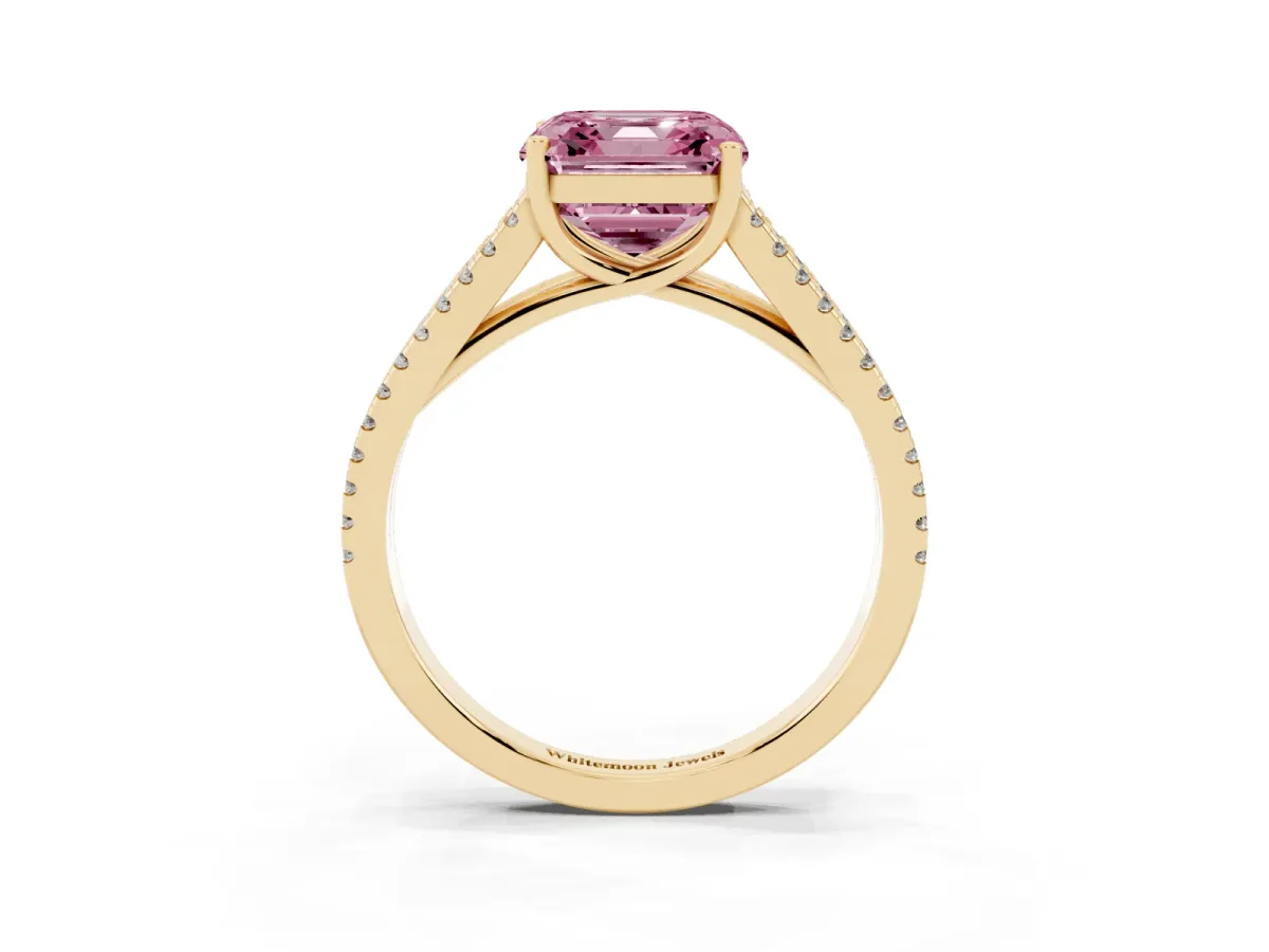 Fancy Pink Asscher Cut Diamond Solitaire Engagement Ring with Split Shank Pavé Band Yellow gold