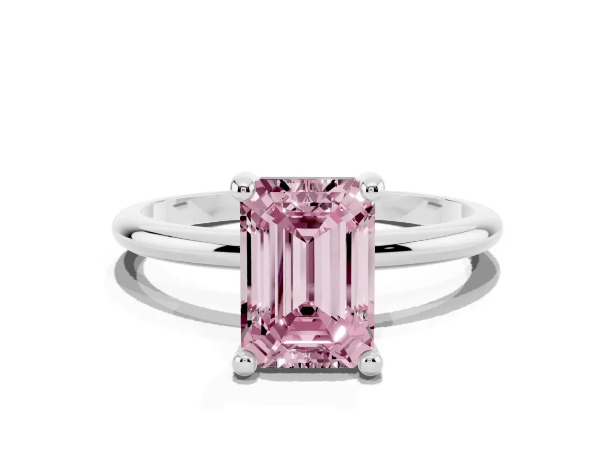 Fancy Pink Emerald Cut Solitaire Diamond Ring with 4-Prong Setting on a Classic Band Silver
