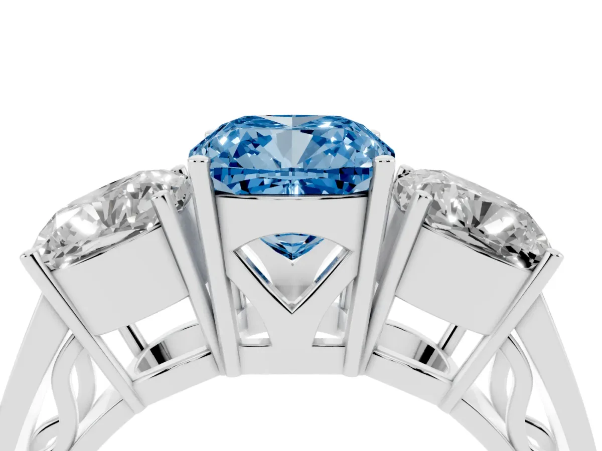 Fancy Blue Cushion Cut Diamond Three-Stone Ring with Prong Setting and Textured Band Platinum