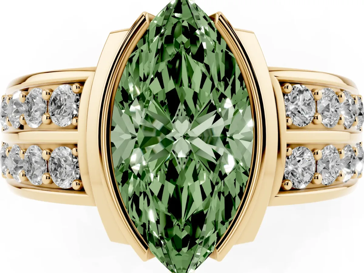 Fancy Green Marquise Cut Brilliant Diamond Channel Set Wide Band Ring with Bezel Setting Yellow gold