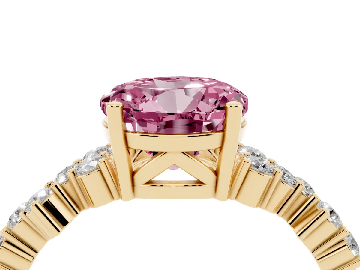 Fancy Pink Round Cut Diamond Scattered Round Accent Ring with Prong Setting Yellow gold