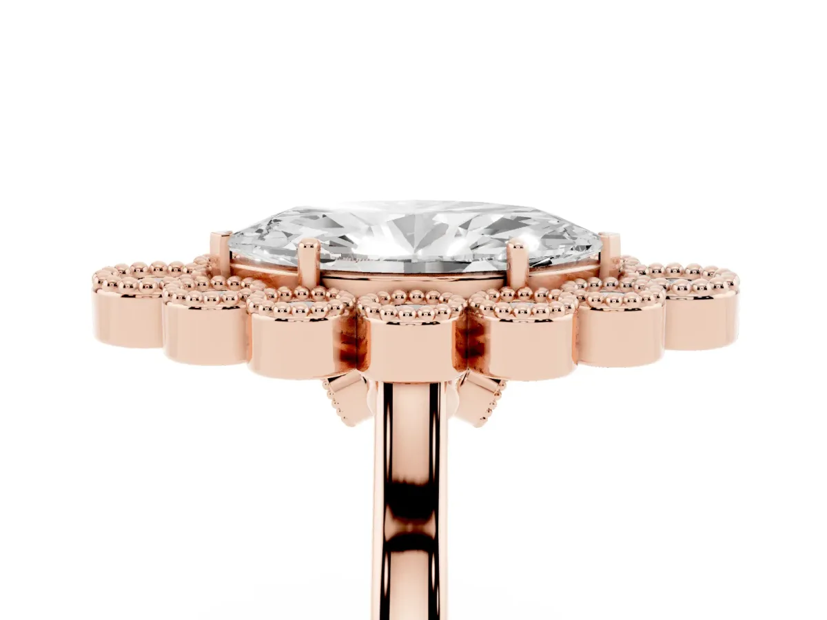 Marquise Cut Halo Diamond Cluster Engagement Ring with Milgrain Bezel Setting and Solitaire Band Rose gold